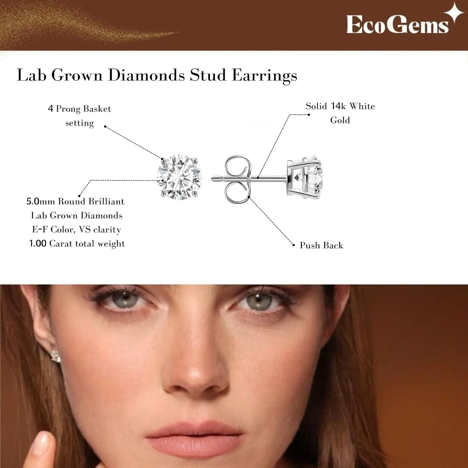 0.20-2.00 Cttw Round Cut Lab Grown Diamond Stud Earrings 14K White Gold 4 Prong Push Back (F-G Color, VS1-VS2 Min Clarity) | Comes With Gift Box