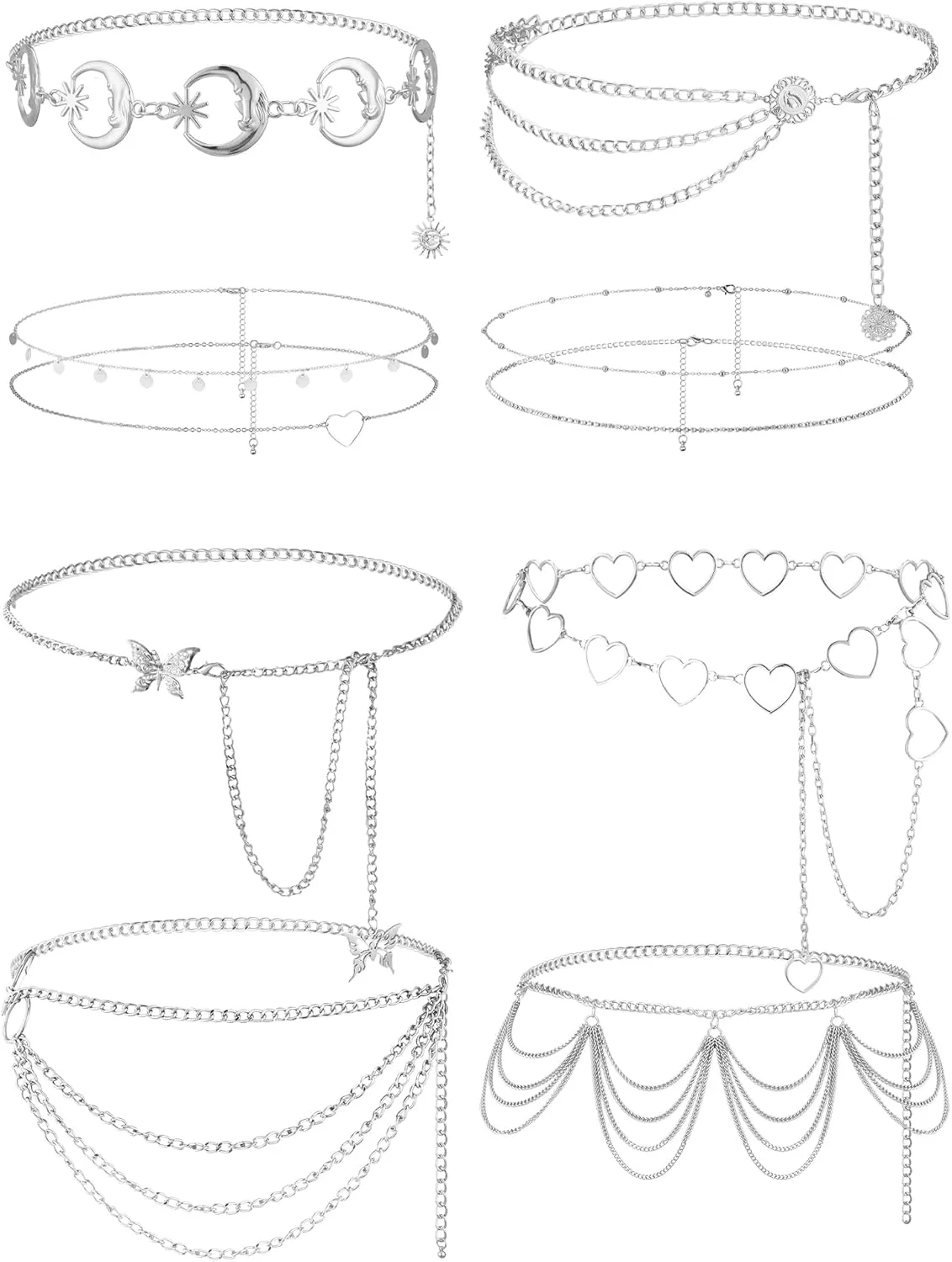 10 Pcs Waist Belly Chain Belt for Women Jeans Pants Chain Boho Multilayer Long Summer Skinny Beach Belly Jewelry