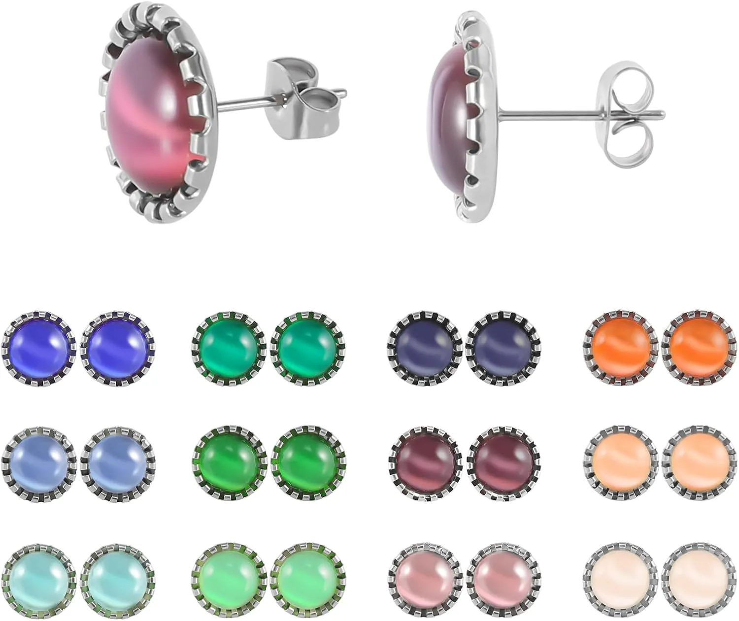 12 Pairs Surgical Stainless Steel Cat's Eye Stone Stud Earrings, 18K Gold Plated Multicolor Gemstone Stud Earrings Set for Women