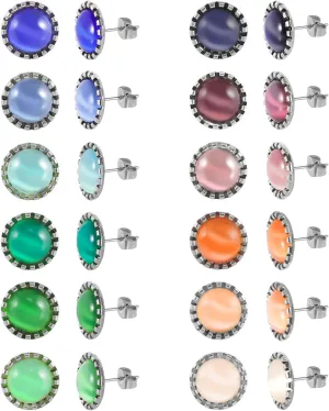 12 Pairs Surgical Stainless Steel Cat's Eye Stone Stud Earrings, 18K Gold Plated Multicolor Gemstone Stud Earrings Set for Women