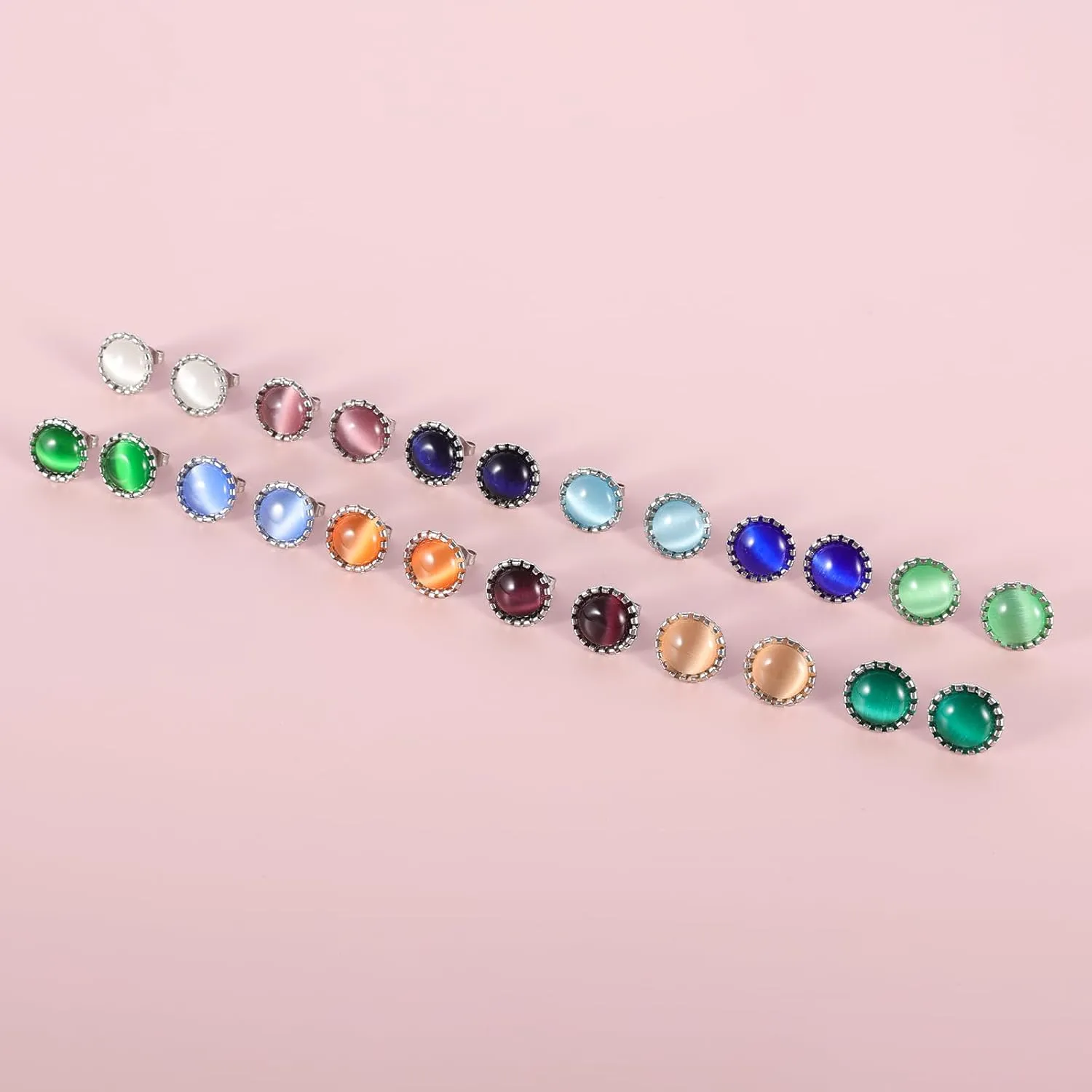 12 Pairs Surgical Stainless Steel Cat's Eye Stone Stud Earrings, 18K Gold Plated Multicolor Gemstone Stud Earrings Set for Women