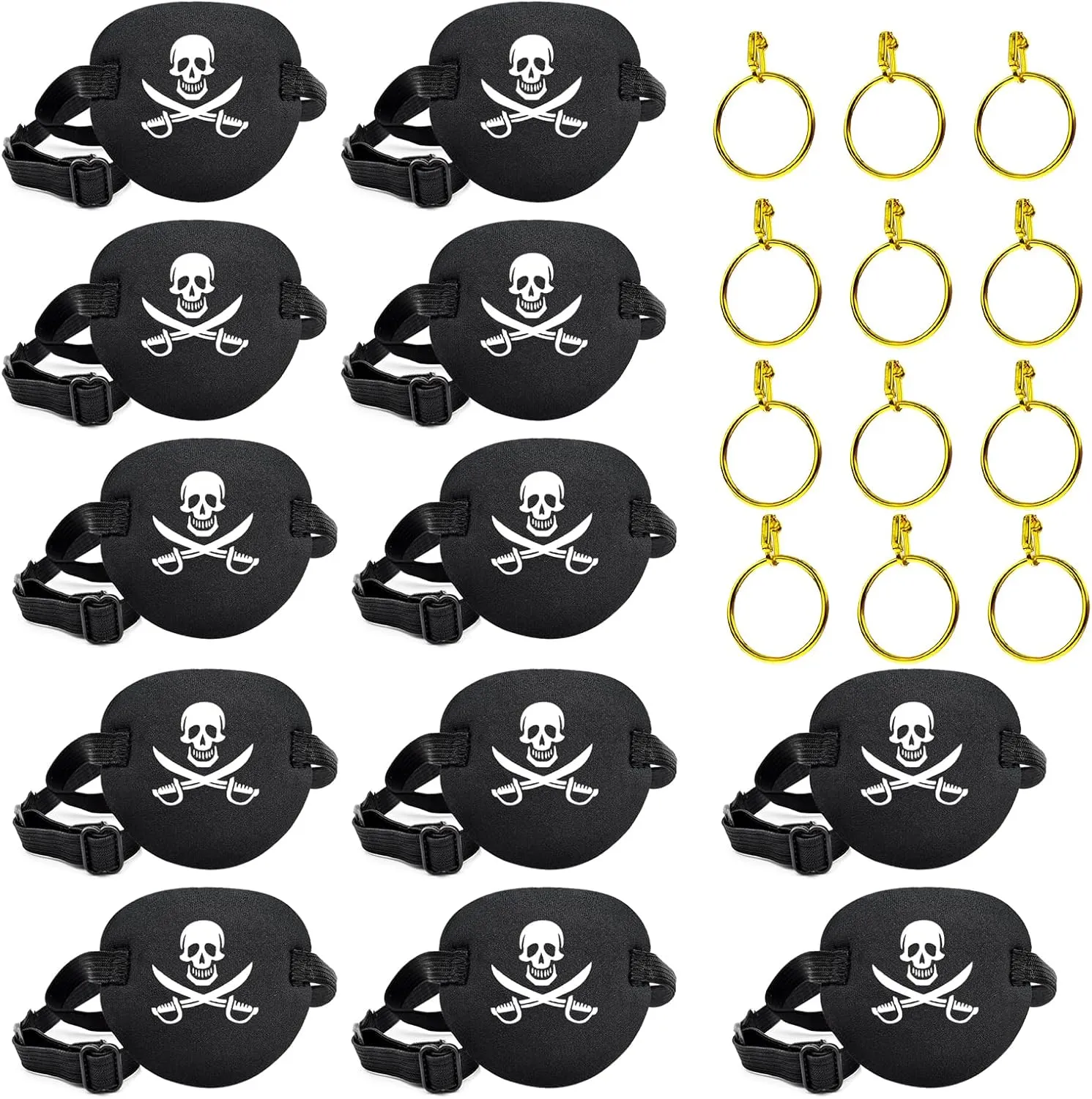 12 Pcs Eye Patch for Adults and Kids, Pirate Medical Eye Patch with 12 Pcs Gold Earring, 3D Eye Patch for Halloween Pirate Costume Party