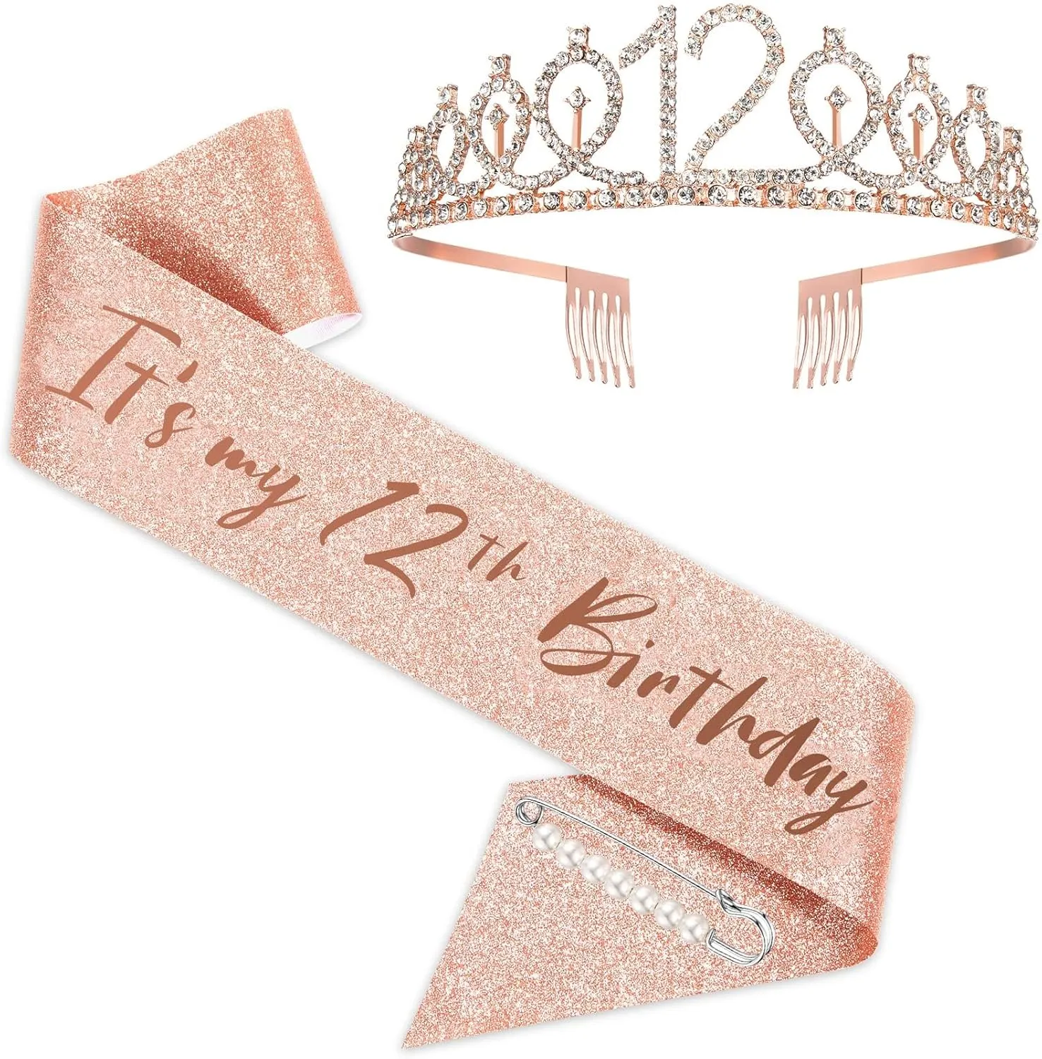 12th Birthday Sash and Tiara Set Rose Gold Birthday Sash Crown Birthday Party Favors Supplies for Girls Birthday Party