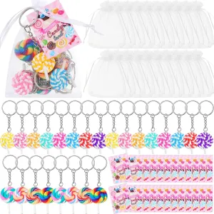 148 Pcs Candy Party Favors Set Sweet Lollipops Keychains Charms Candy Tags and Clear Organza Bags Candy Theme Party Decorations for Lollipop Birthday Baby Shower Supplies