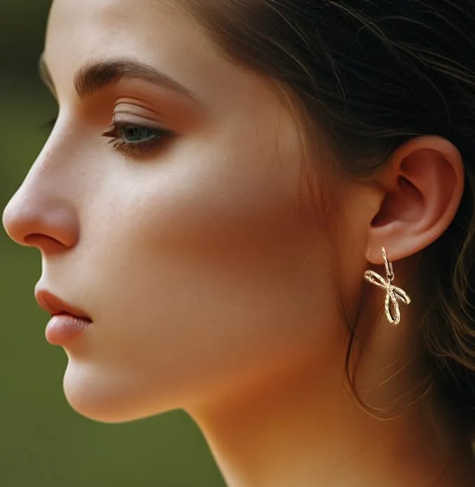 14K Gold Bowknot Lightweight Small Hoop Earrings for Women