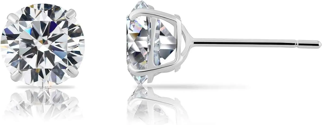 14k White Gold Solitaire Round Cubic Zirconia Stud Earrings with Gold butterfly Pushbacks