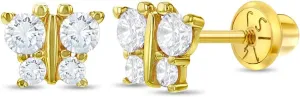 14k Yellow Gold Girl's Cubic Zirconia Butterfly Screw Back Earrings for Toddlers - Small Stud Earrings for Babies & Little Girls to Preteens - Tiny Earring Studs for Children