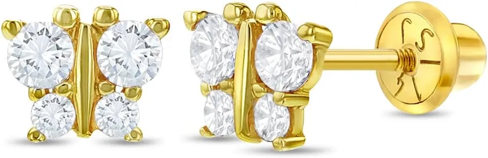 14k Yellow Gold Girl's Cubic Zirconia Butterfly Screw Back Earrings for Toddlers - Small Stud Earrings for Babies & Little Girls to Preteens - Tiny Earring Studs for Children