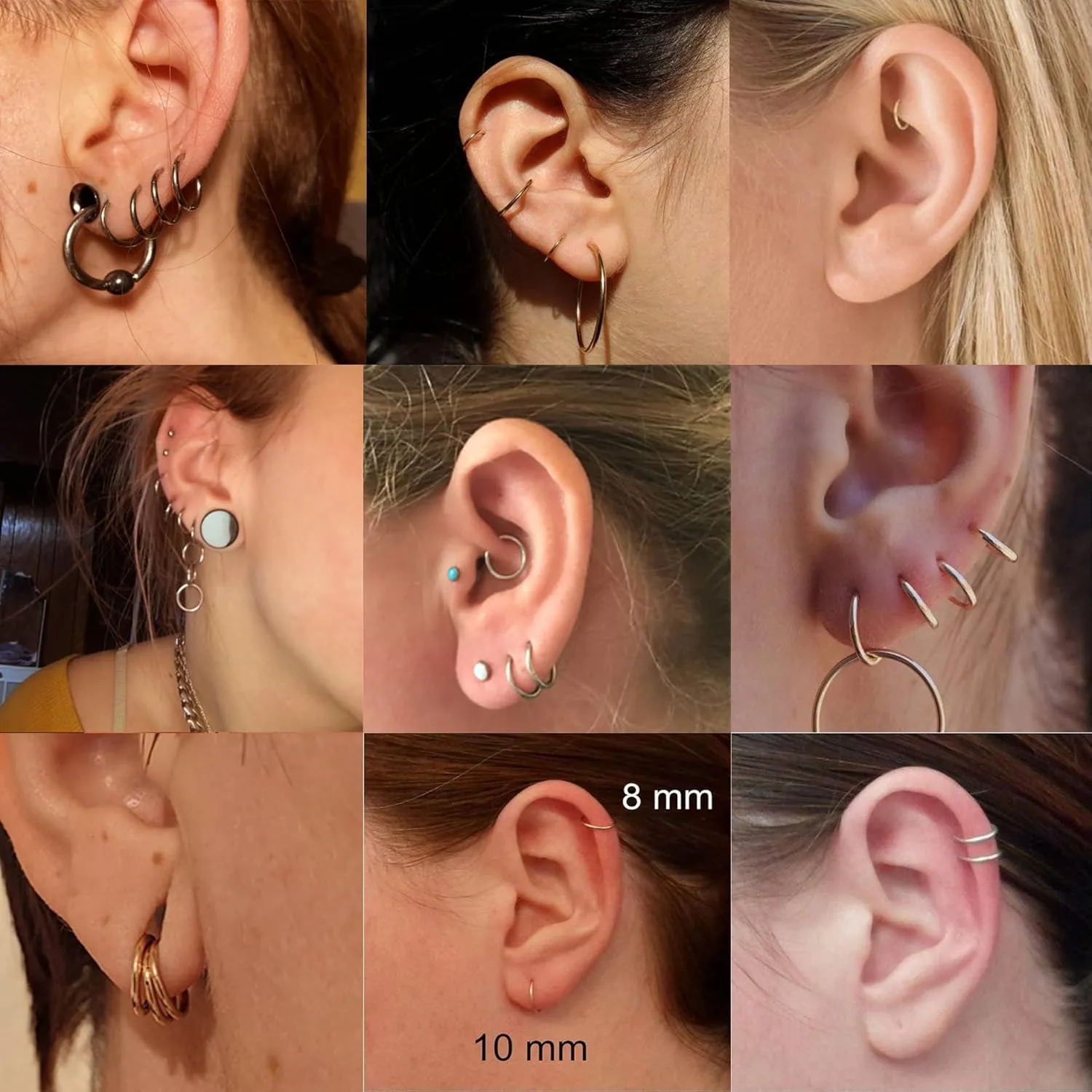 16G Cartilage Hoop Earrings for Women Men - Stainless Steel Hinged Clicker Nose Hoop Rings Helix Septum Conch Daith Lip Tragus Piercing Jewelry 9 Pcs 8mm 10mm