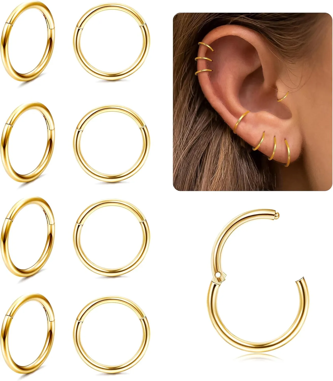 16G Cartilage Hoop Earrings for Women Men - Stainless Steel Hinged Clicker Nose Hoop Rings Helix Septum Conch Daith Lip Tragus Piercing Jewelry 9 Pcs 8mm 10mm