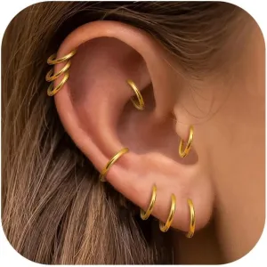 16G Cartilage Hoop Earrings for Women Men - Stainless Steel Hinged Clicker Nose Hoop Rings Helix Septum Conch Daith Lip Tragus Piercing Jewelry 9 Pcs 8mm 10mm