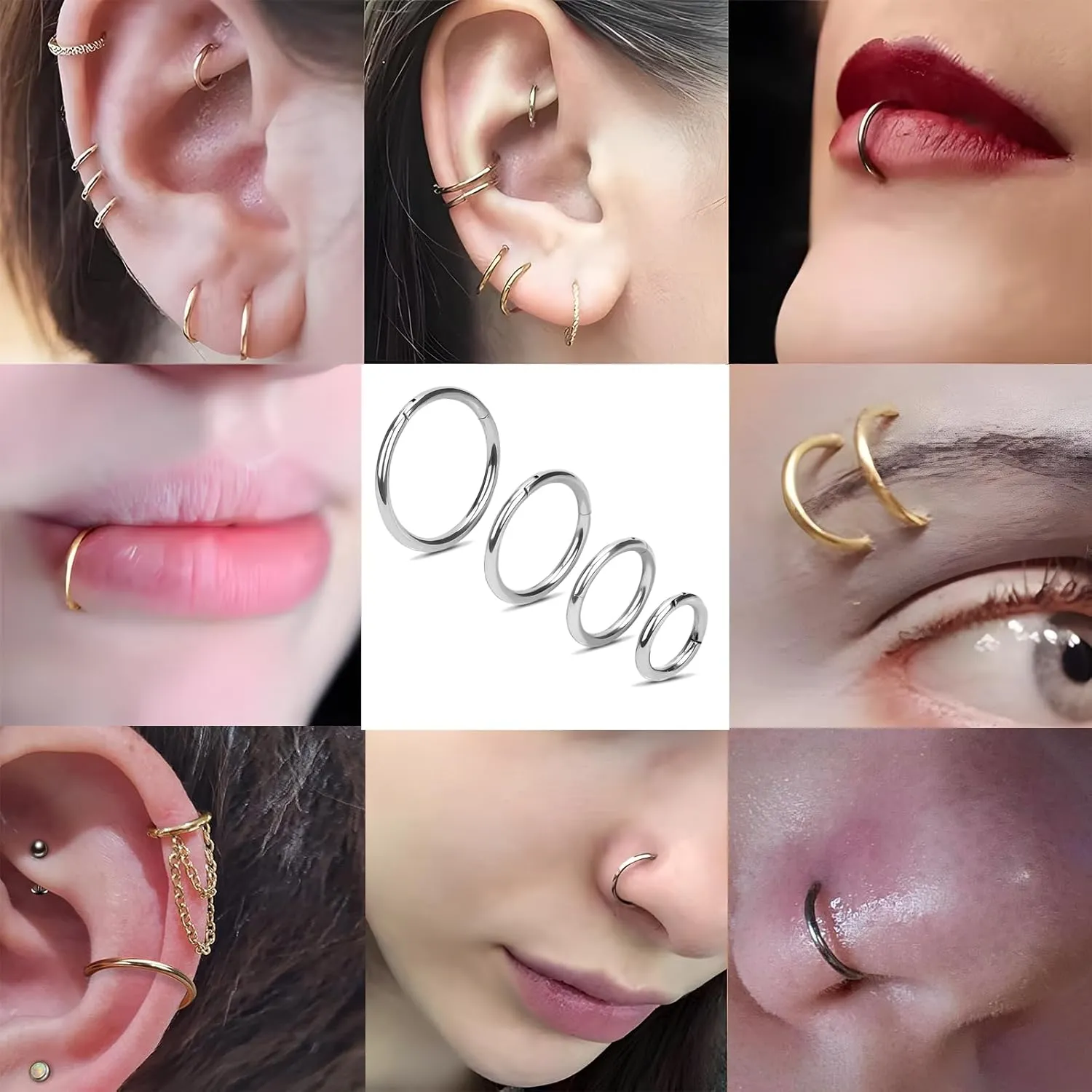 1Pcs 316l Surgical Steel Nose Rings Hoop 20G 18G 16G Hinged Clicker Septum Cartilage Ear Piercing Gold-Silver-Black Diameter 6mm to 12mm
