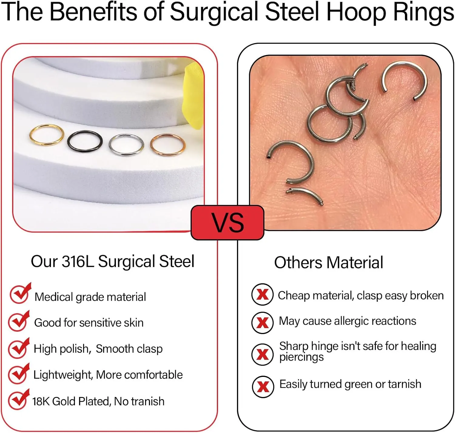 1Pcs 316l Surgical Steel Nose Rings Hoop 20G 18G 16G Hinged Clicker Septum Cartilage Ear Piercing Gold-Silver-Black Diameter 6mm to 12mm