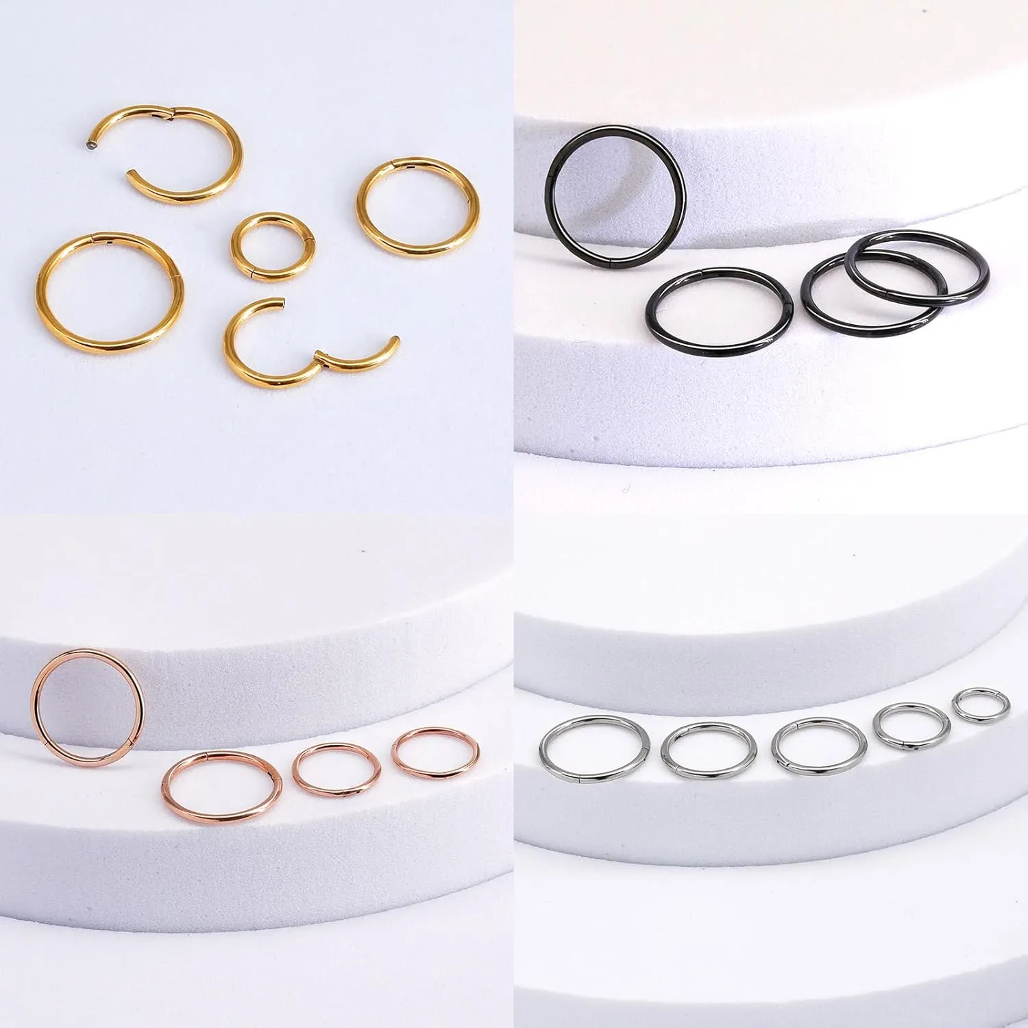 1Pcs 316l Surgical Steel Nose Rings Hoop 20G 18G 16G Hinged Clicker Septum Cartilage Ear Piercing Gold-Silver-Black Diameter 6mm to 12mm