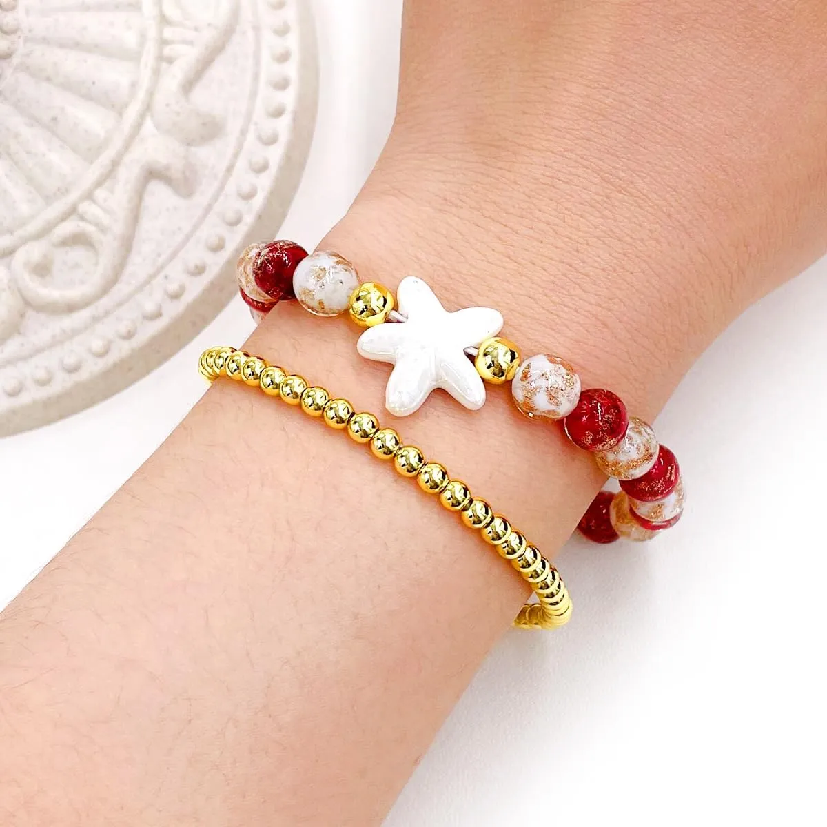 2 Christmas Couple Bracelets, Santa/Christmas Starfish/Christmas Tree Charm and 4mm Brass Beaded Stretch Bracelet for New Year Gifts for Family and Friends