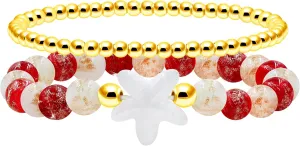 2 Christmas Couple Bracelets, Santa/Christmas Starfish/Christmas Tree Charm and 4mm Brass Beaded Stretch Bracelet for New Year Gifts for Family and Friends