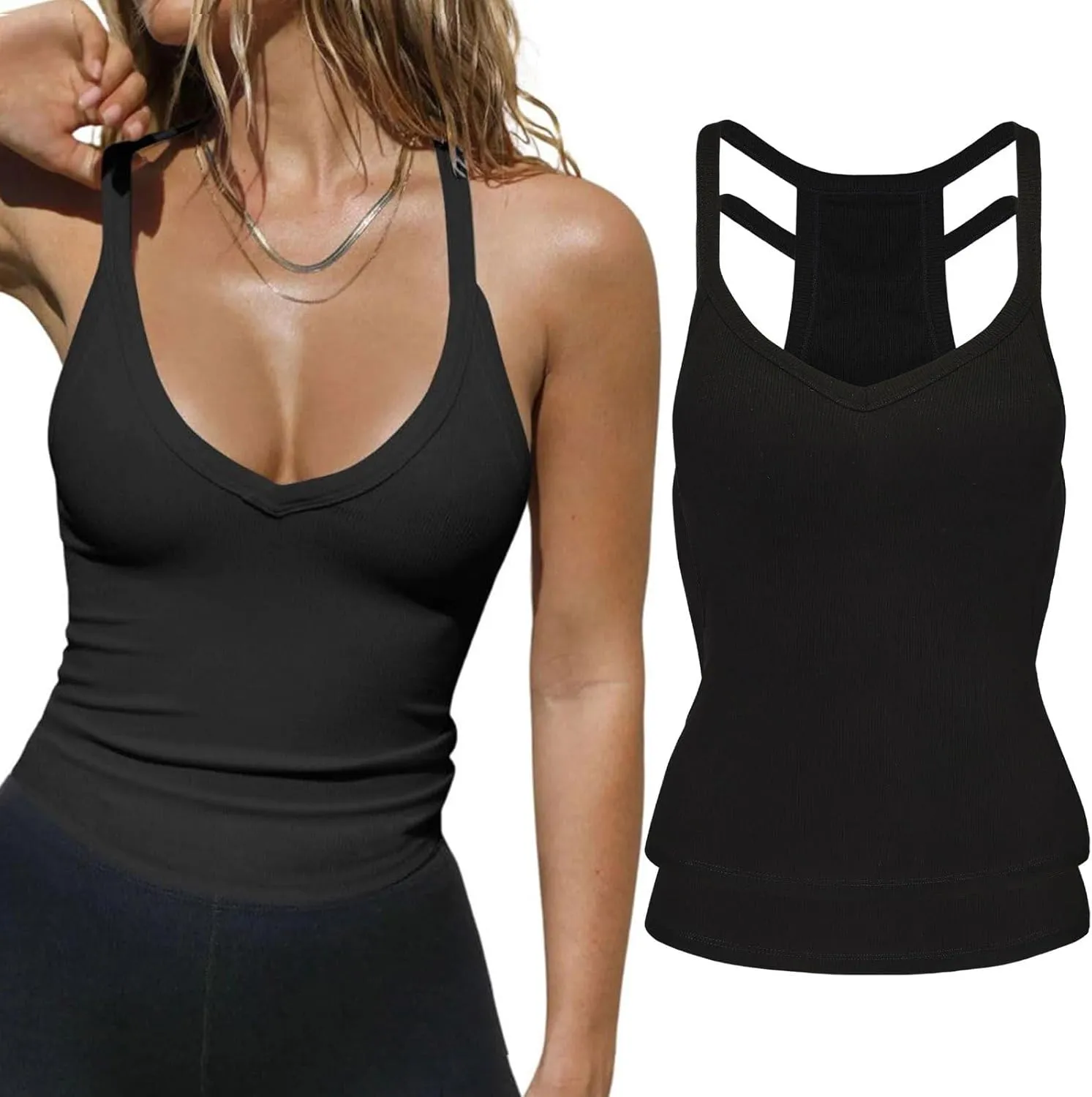 2 Pack V Neck Tank Tops for Women Built in Bra Racerback Womens Tank Tops Basics Yoga Ribbed Gym Sleeveless Shirts