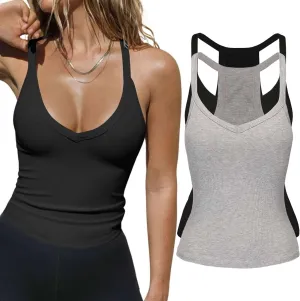 2 Pack V Neck Tank Tops for Women Built in Bra Racerback Womens Tank Tops Basics Yoga Ribbed Gym Sleeveless Shirts