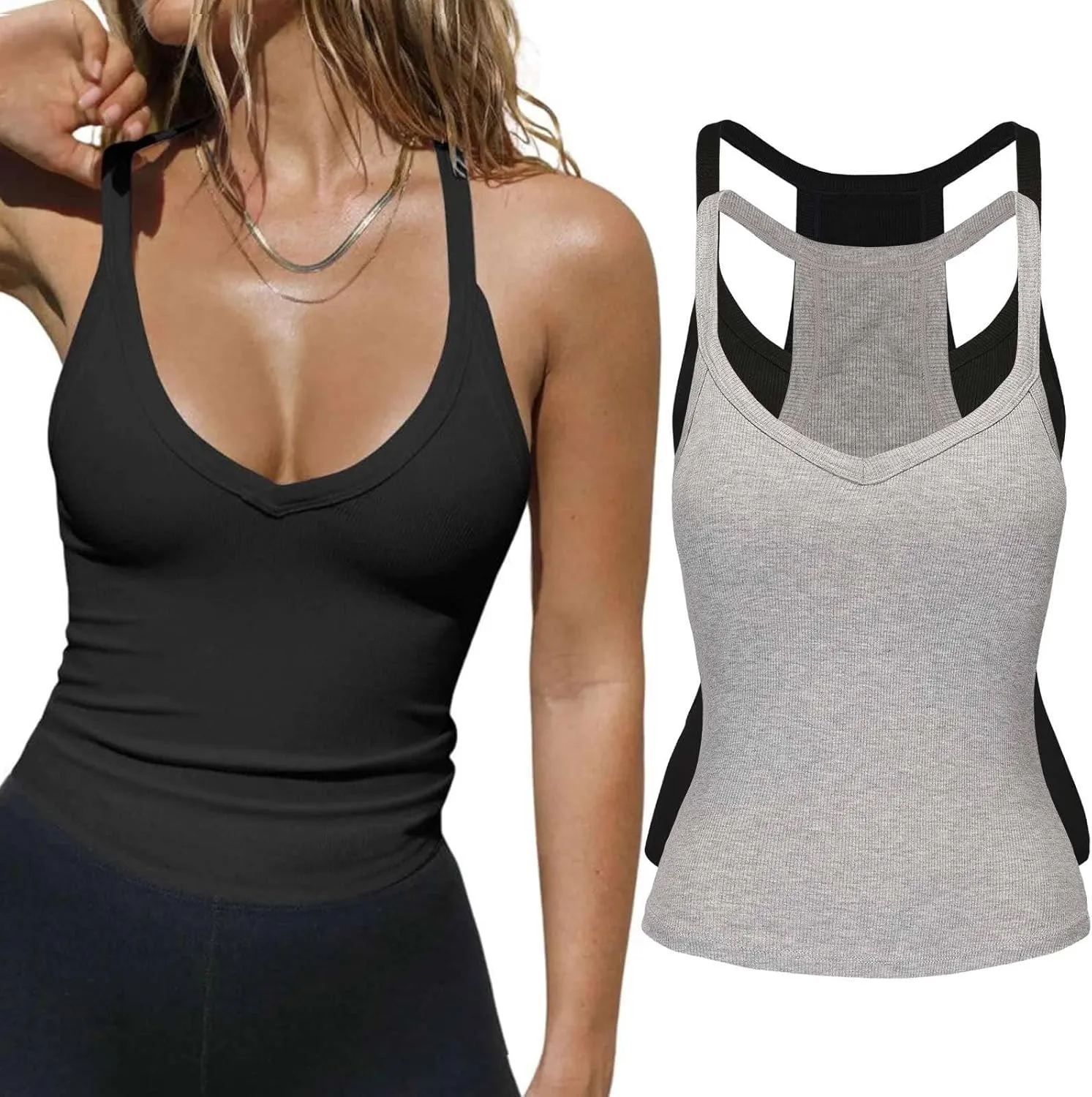 2 Pack V Neck Tank Tops for Women Built in Bra Racerback Womens Tank Tops Basics Yoga Ribbed Gym Sleeveless Shirts