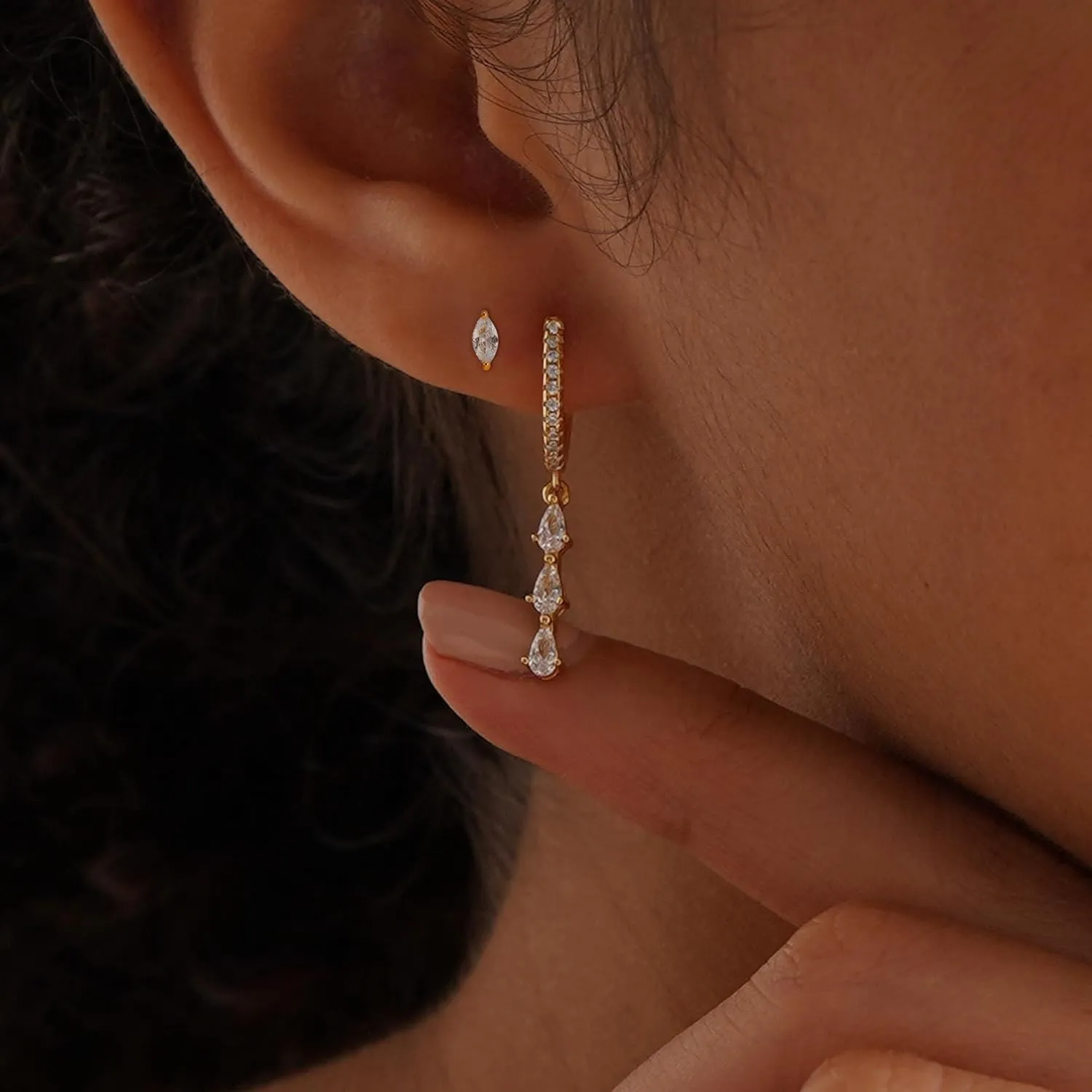 2 Pairs Gold Huggie Hoop Earrings for Women 14k Gold Plated Diamond Stud Earrings Set Drop Dangle Hypoallergenic Cubic Zirconia Flat Back Earring Gold Jewelry for Women Gift