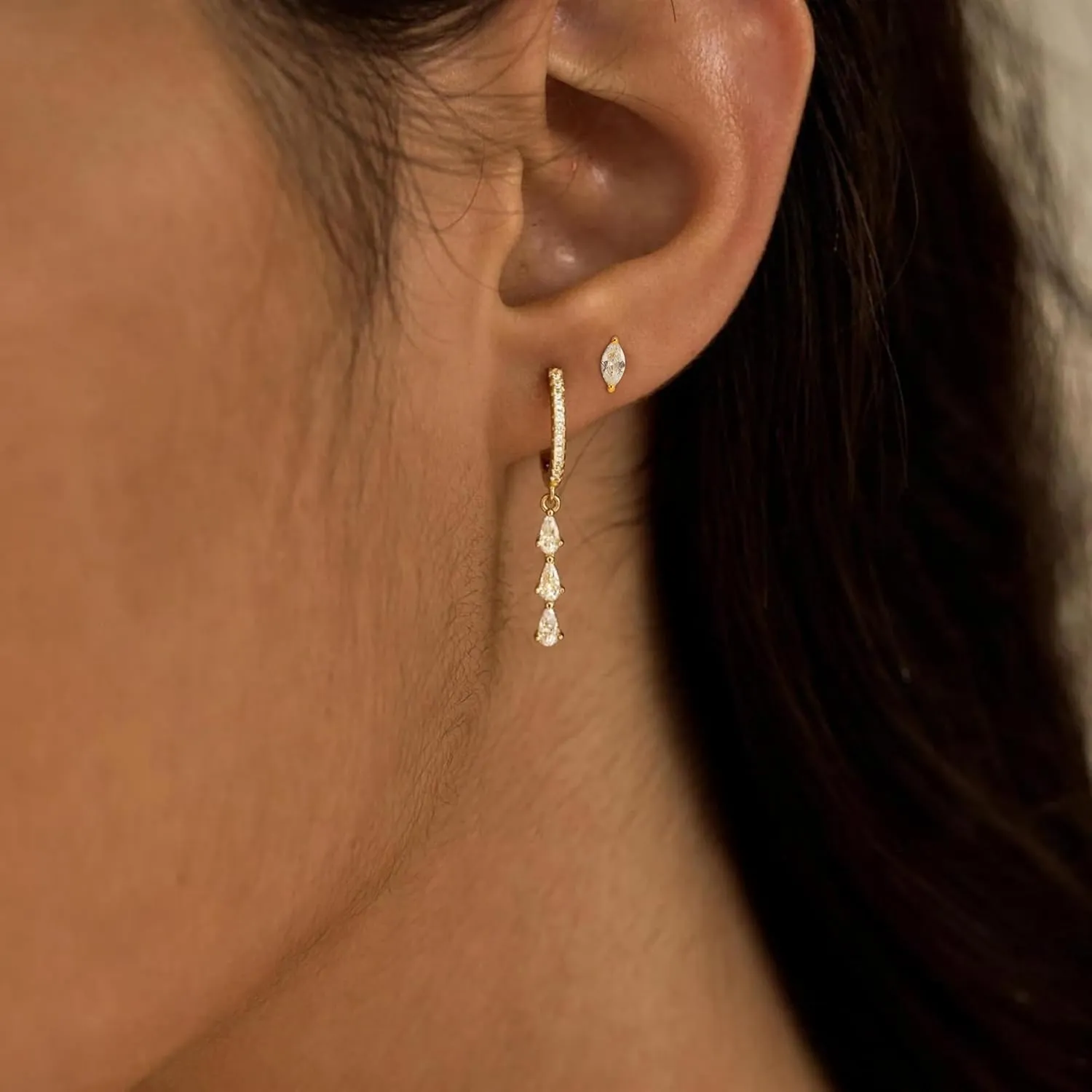 2 Pairs Gold Huggie Hoop Earrings for Women 14k Gold Plated Diamond Stud Earrings Set Drop Dangle Hypoallergenic Cubic Zirconia Flat Back Earring Gold Jewelry for Women Gift