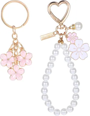 2 PCS Cute Coquette Wristlet Keychain for Women, Adorable Pink White Pearl Keychain Flowers Beaded Car Key Chain Charms for Women Girls Purse Bags Backpack Accessories