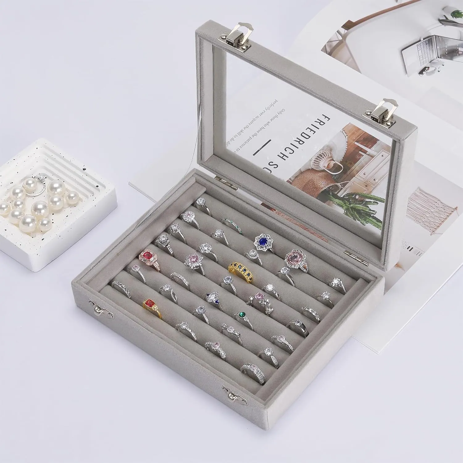 2 PIECES Jewelry Ring Earring Organizer Display Tray, Velvet Small Jewelry Ring Stud Earring Necklace Bracelet Pendant Holder Case Box with Transparent lid (Grey)
