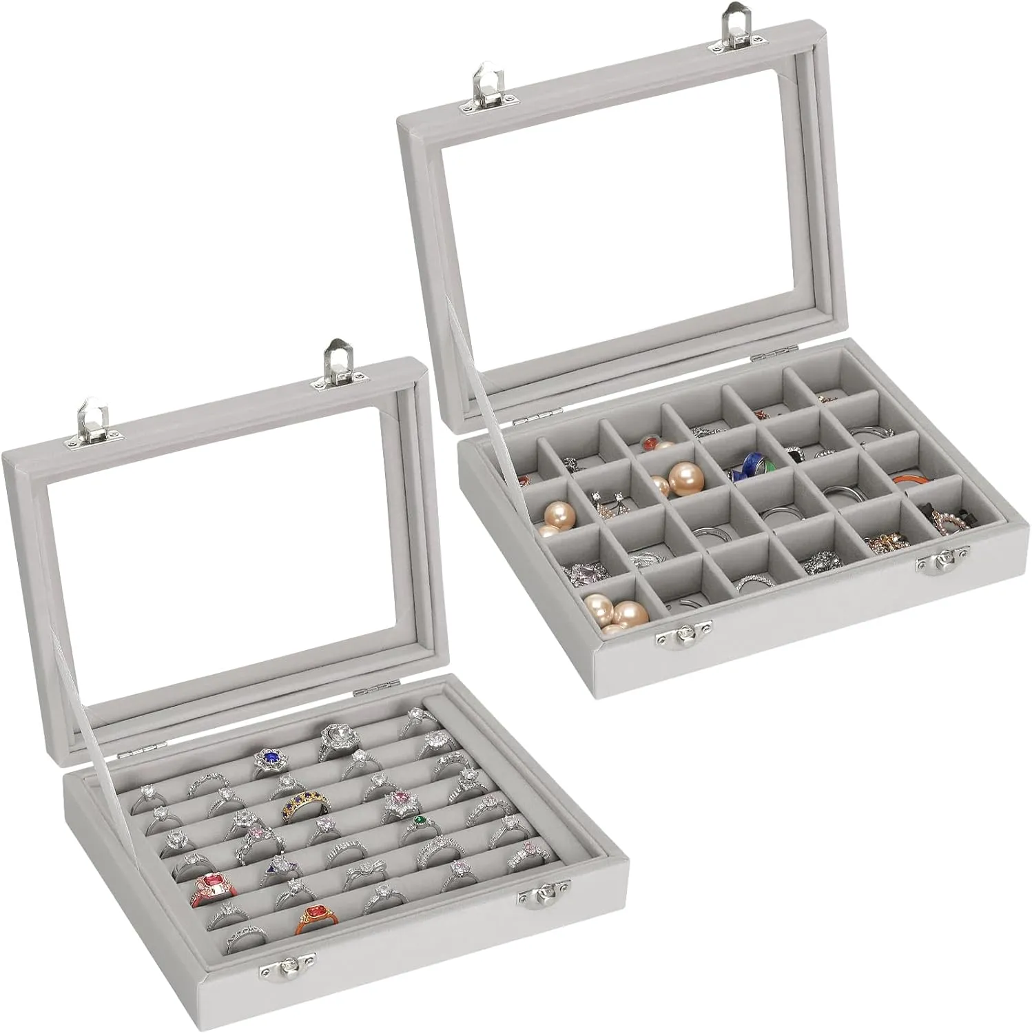 2 PIECES Jewelry Ring Earring Organizer Display Tray, Velvet Small Jewelry Ring Stud Earring Necklace Bracelet Pendant Holder Case Box with Transparent lid (Grey)
