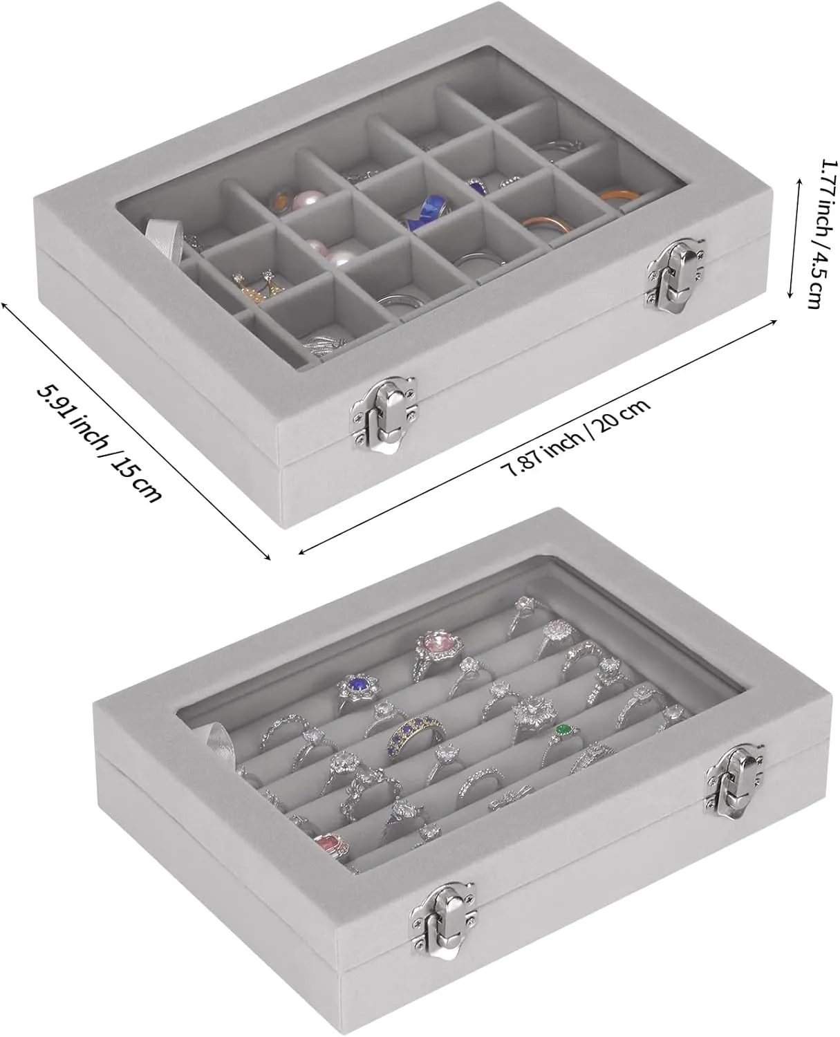 2 PIECES Jewelry Ring Earring Organizer Display Tray, Velvet Small Jewelry Ring Stud Earring Necklace Bracelet Pendant Holder Case Box with Transparent lid (Grey)