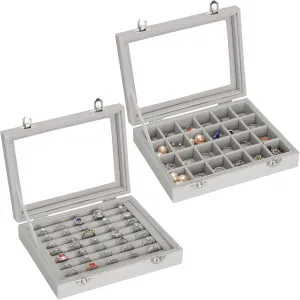 2 PIECES Jewelry Ring Earring Organizer Display Tray, Velvet Small Jewelry Ring Stud Earring Necklace Bracelet Pendant Holder Case Box with Transparent lid (Grey)