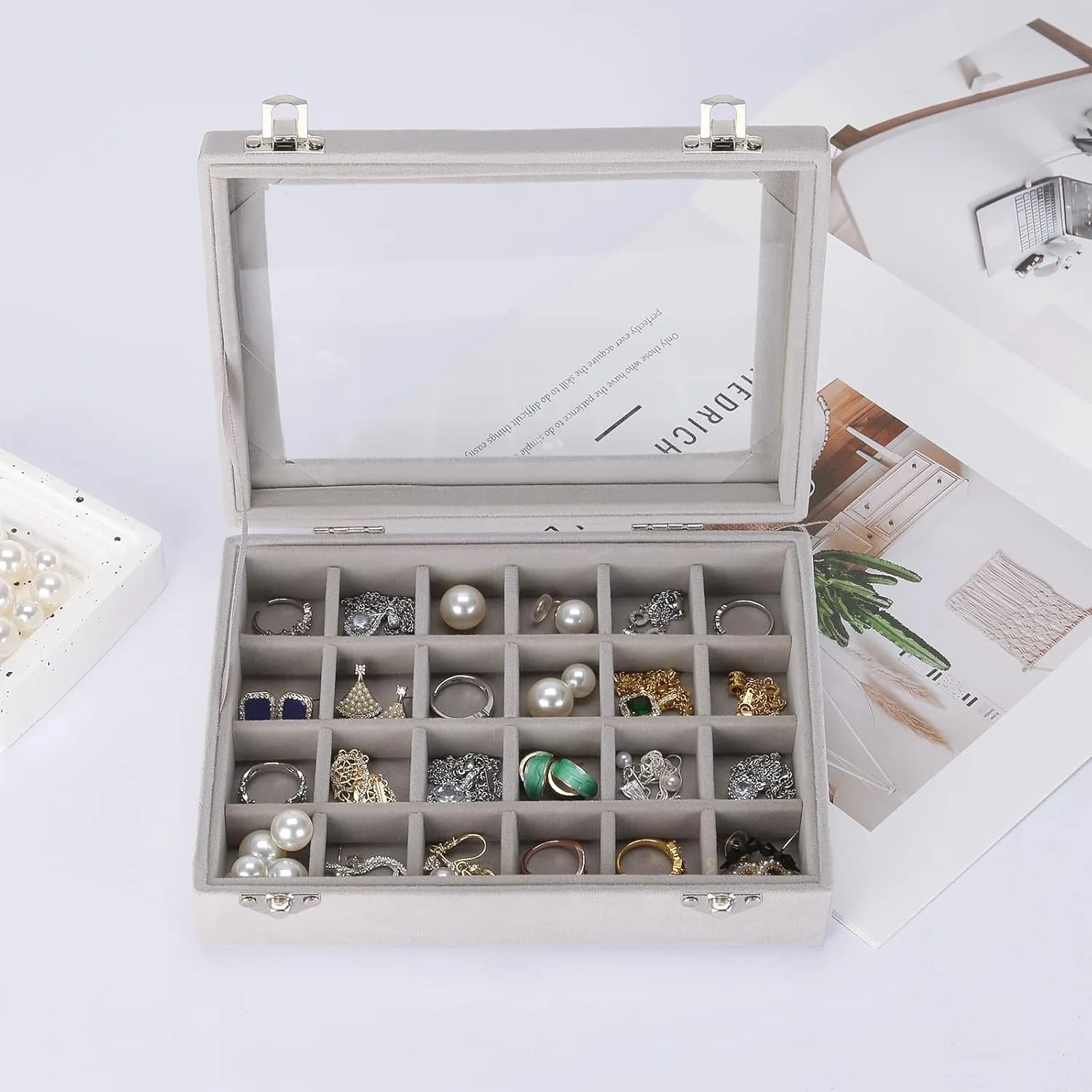 2 PIECES Jewelry Ring Earring Organizer Display Tray, Velvet Small Jewelry Ring Stud Earring Necklace Bracelet Pendant Holder Case Box with Transparent lid (Grey)