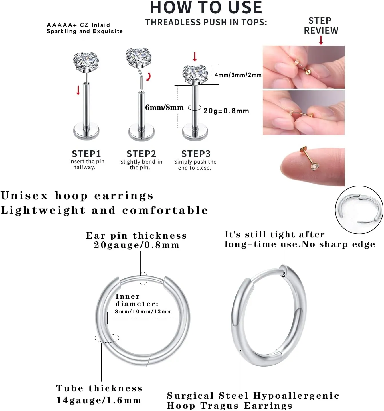 20G Nose Stud Flat Back Studs Earrings Surgical Steel Cartilage Tragus Labret Lip Piercing Jewelry 14K Gold Push Pin Threadless Earring Ring for Women