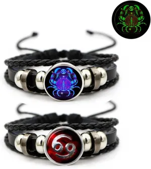 2Pcs Multilayer Constellation Zodiac Leather Bracelet Vintage Black Leather Bracelet Adjustable Handmade Woven Bracelet Birthday Trendy Jewelry for Women Men