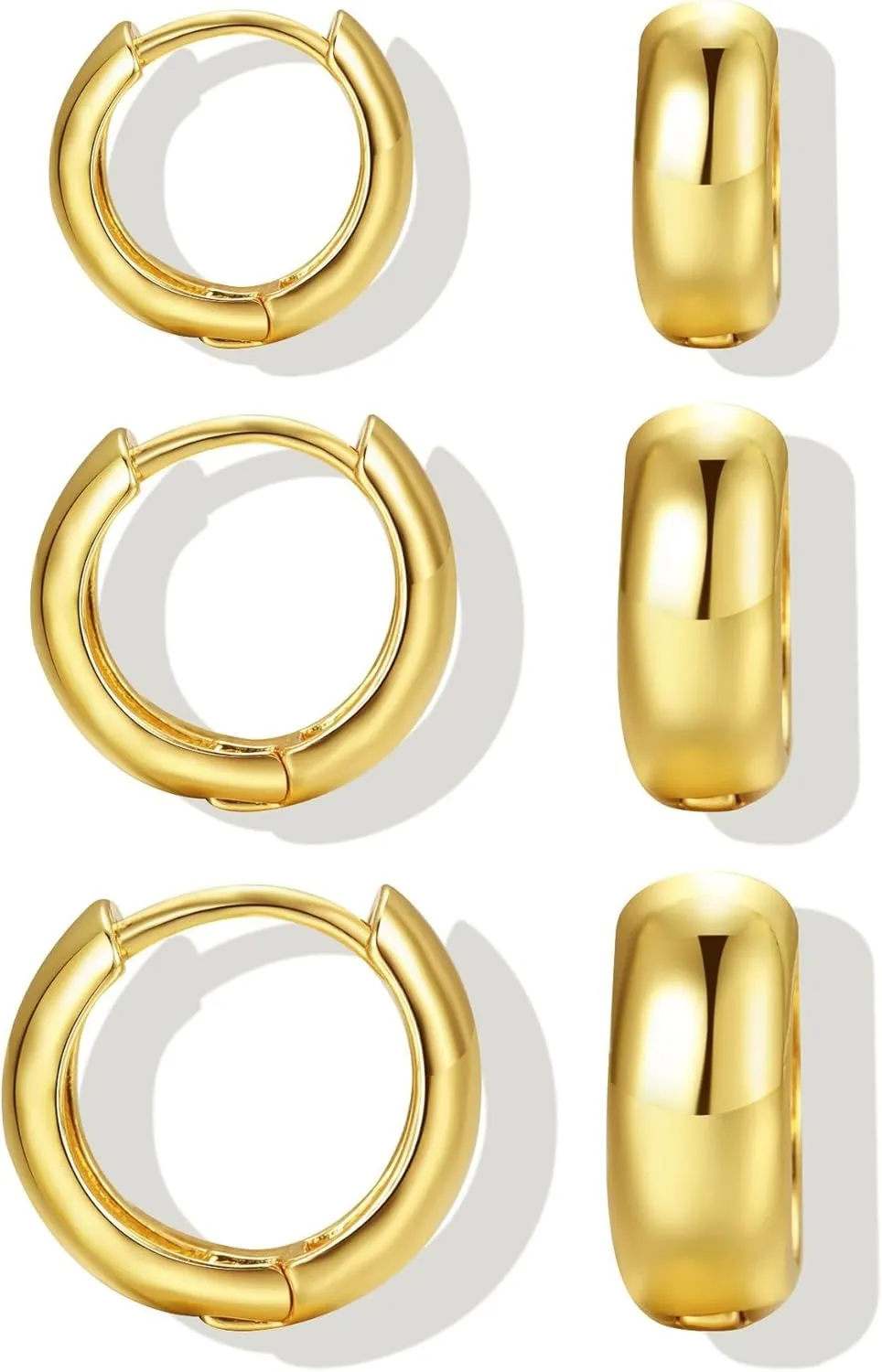 3 Pairs Chunky Gold/Silver Hoop Earrings Sets for Women 14k Gold Plated Dainty Hypoallergenic Lightweight Thick Huggie Earrings Trendy Jewelry