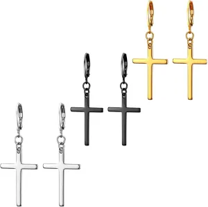 3 Pairs Cross Earrings for Men Women Dangle Drop Crucifix Hinged Hoop Jewelry Stainless Steel Hypoallergenic Black Gold Silver