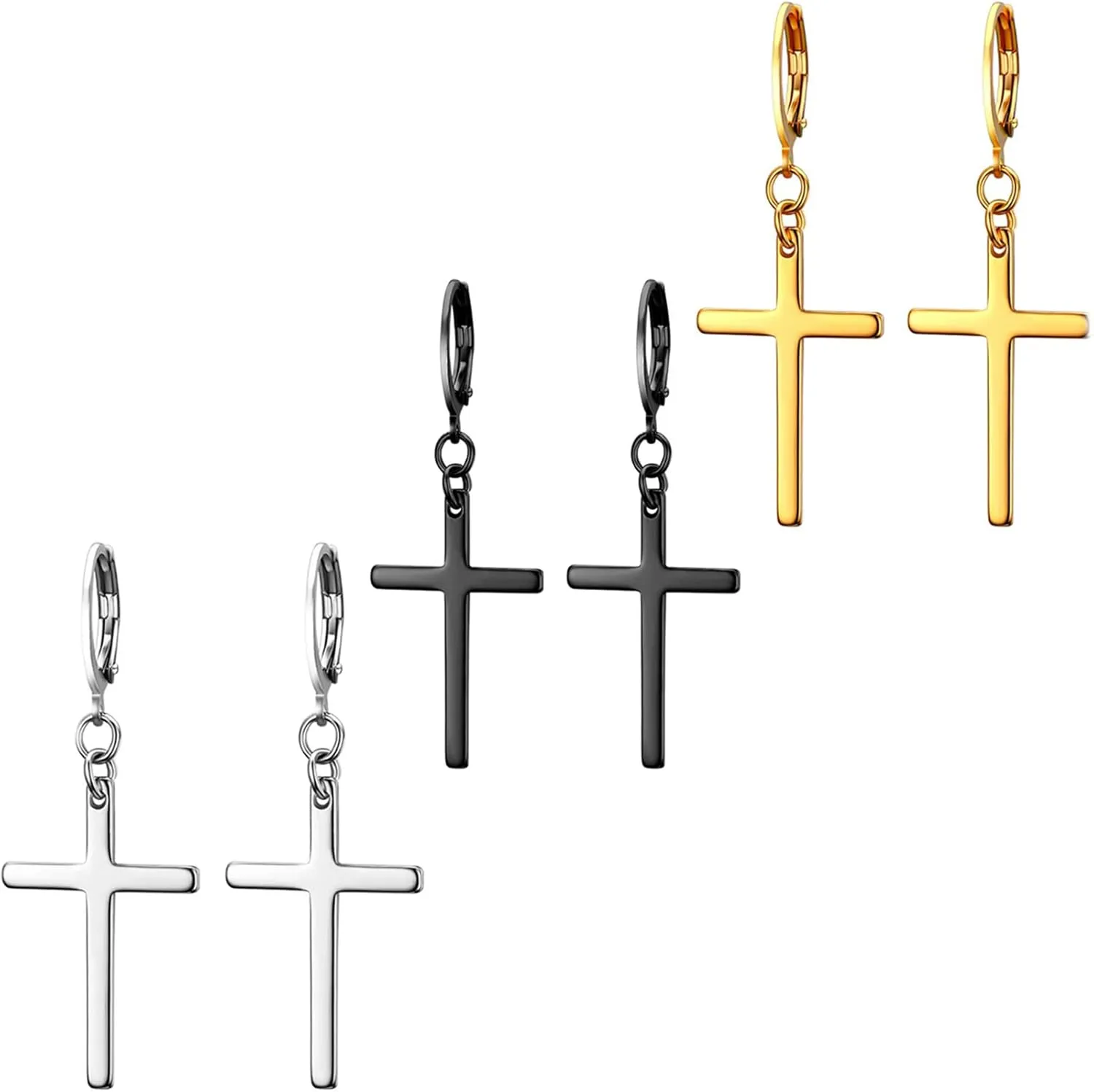 3 Pairs Cross Earrings for Men Women Dangle Drop Crucifix Hinged Hoop Jewelry Stainless Steel Hypoallergenic Black Gold Silver