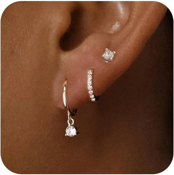 3 Pairs Gold Hoop Earrings for Women Huggie Earring Trendy 14K Gold Plated Silver Hypoallergenic Stud Cartilage Earring Sets for Multiple Piercing Cute Small Jewelry Gift