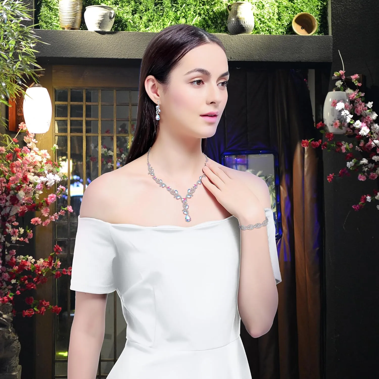3 Pieces Silver Jewelry Set for Women, Rhinestone Crystal Statement Necklace Teardrop Dangle Earrings Link Tennis Bracelet Costume Jewelry for Bridal Wedding Party