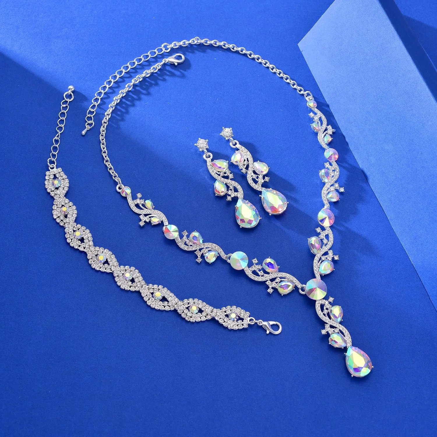 3 Pieces Silver Jewelry Set for Women, Rhinestone Crystal Statement Necklace Teardrop Dangle Earrings Link Tennis Bracelet Costume Jewelry for Bridal Wedding Party