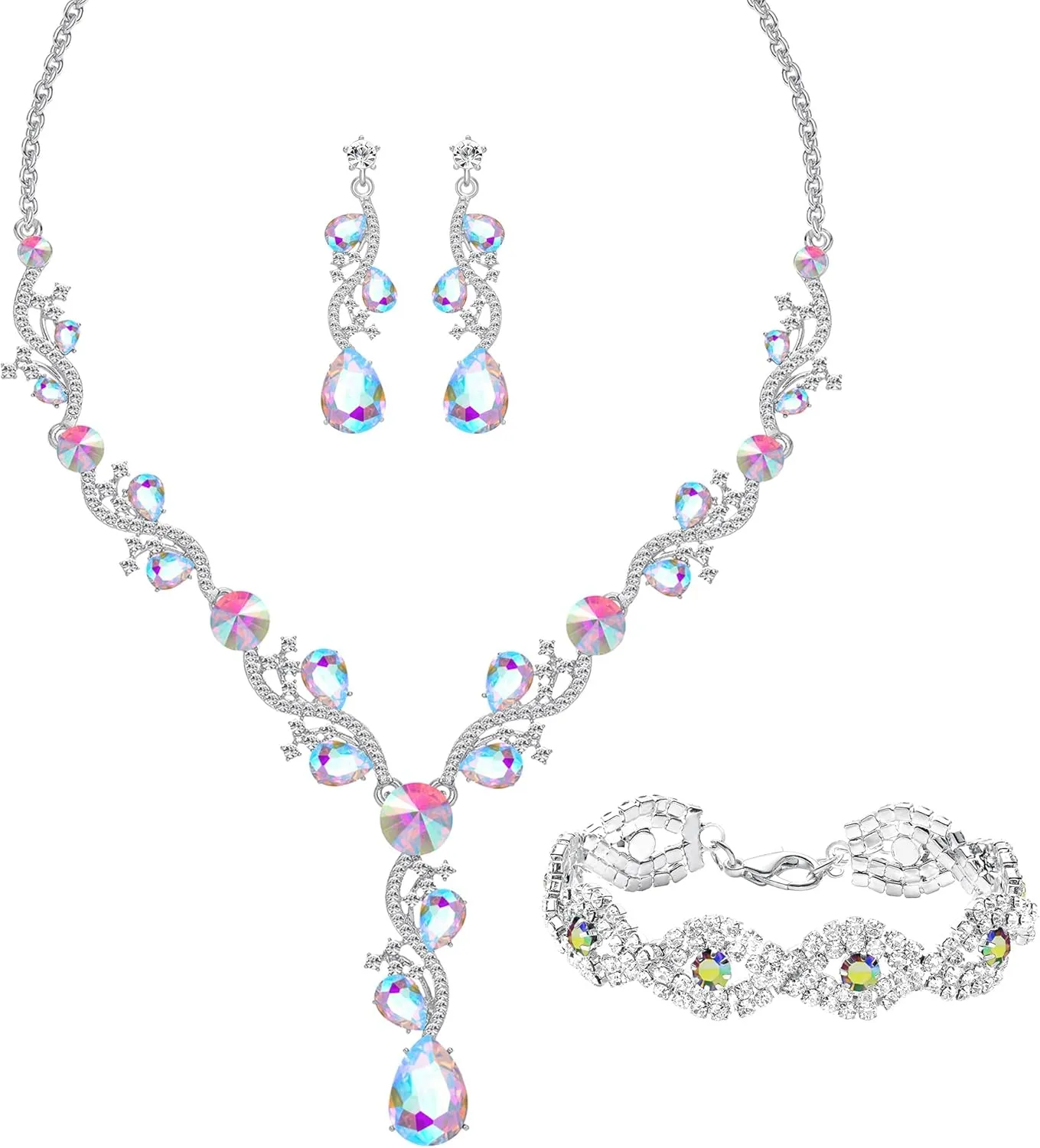 3 Pieces Silver Jewelry Set for Women, Rhinestone Crystal Statement Necklace Teardrop Dangle Earrings Link Tennis Bracelet Costume Jewelry for Bridal Wedding Party