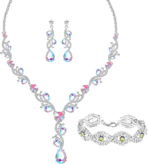 3 Pieces Silver Jewelry Set for Women, Rhinestone Crystal Statement Necklace Teardrop Dangle Earrings Link Tennis Bracelet Costume Jewelry for Bridal Wedding Party