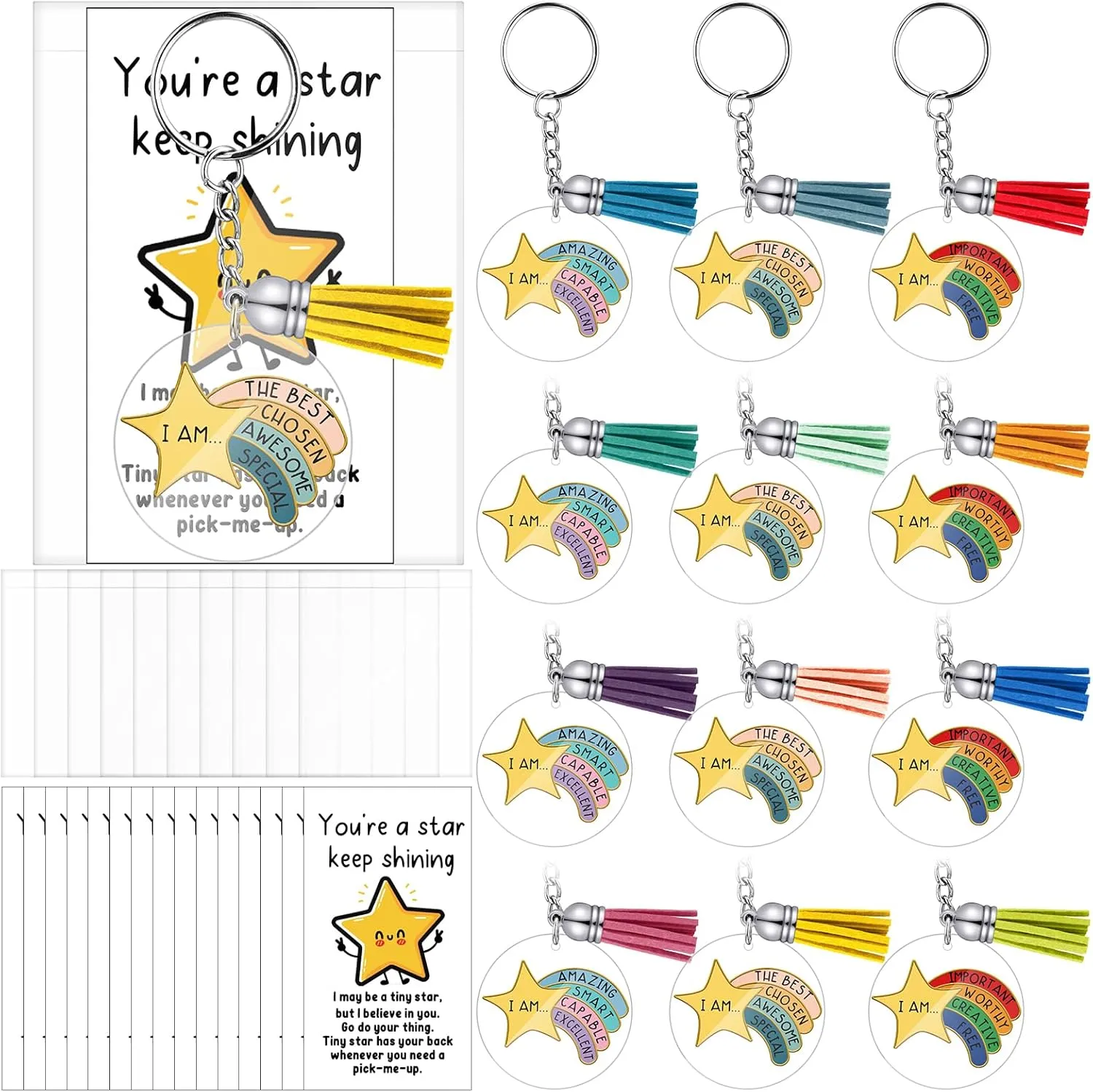 30 Sets Rainbow Star Keychains Employee Appreciation Gifts End of Year Gifts and You're a Star Cards Inspirational Gifts for Student Teacher Classroom Award
