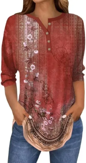 3/4 Length Sleeve Womens Tops 2025 Floral Button Up V Neck Spring Hippie Top Loose Fit Western Boho Shirts