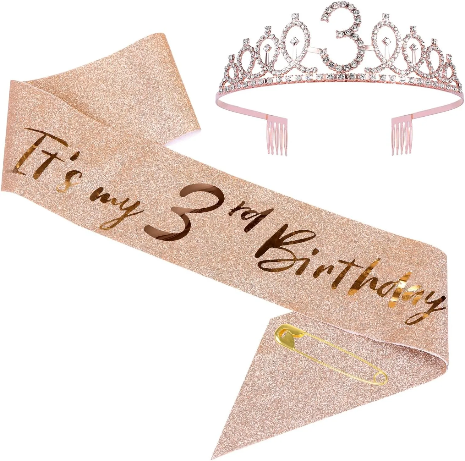 3th Birthday Sash and Tiara Set Rose Gold Birthday Sash Crown Birthday Party Favors Supplies for Girls Birthday Party, Small, Pink