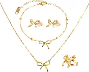4 Pcs Gold Bow Ribbon Knot Jewelry Set - Bow Necklace, Bracelet, Earrings & Ring - Gold Bowknot Necklace Set for Women - Gift