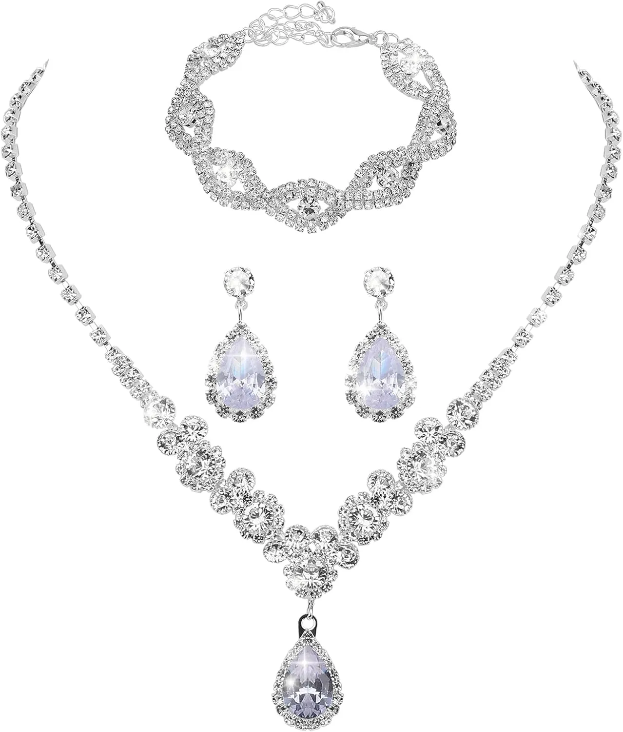 4 Pcs Rhinestone Wedding Jewelry Sets For Brides Silver Necklace Teardrop Dangle Earrings Link Bangle Bracelet Prom Jewelry Set For Women Brides Bridesmaids Bridal Pageant Prom Accessories