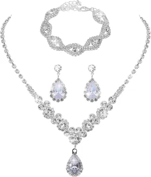 4 Pcs Rhinestone Wedding Jewelry Sets For Brides Silver Necklace Teardrop Dangle Earrings Link Bangle Bracelet Prom Jewelry Set For Women Brides Bridesmaids Bridal Pageant Prom Accessories