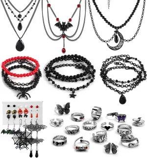 41 PCS GothicJewelry Set with Halloween 3 PCS Necklace, 9 PCS Bracelet, 12 PCS Earring, 16 Pcs Knuckle Rings Halloween Jewelry Set for Women