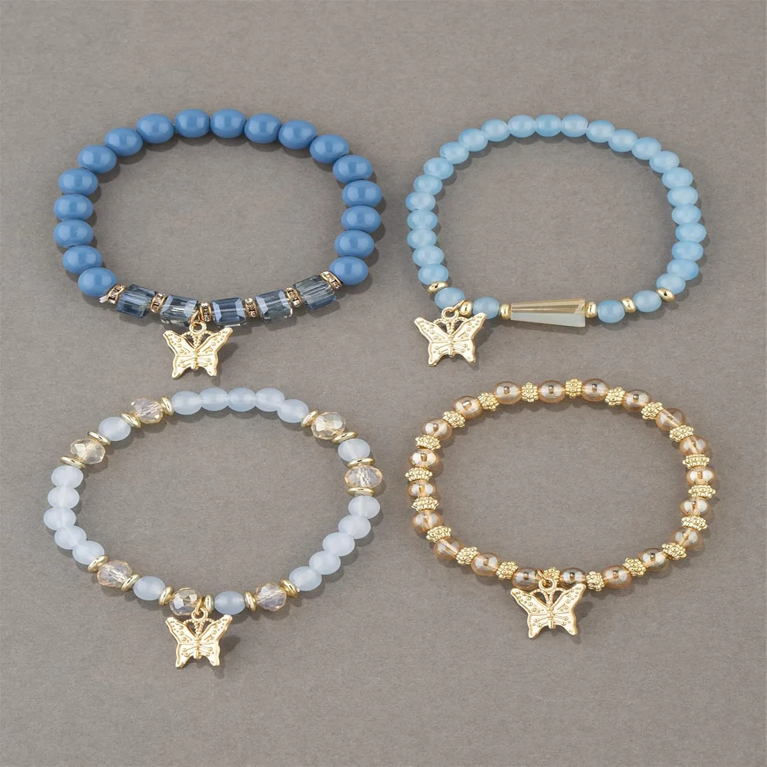 4Pcs Set Bohemian Butterfly Crystal Stone Stretch Pendant Bracelets for Women Gold Beaded Stackable Stretch Bracelet Colorful Charm Jewelry Boho Summer Beach