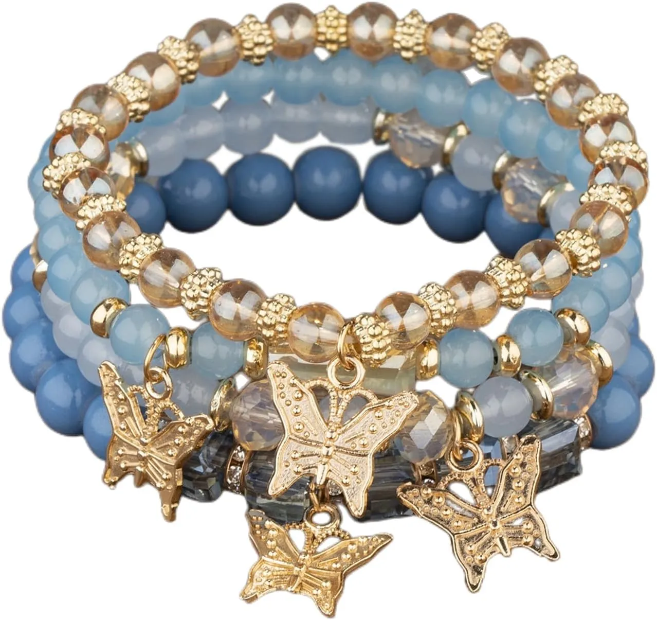 4Pcs Set Bohemian Butterfly Crystal Stone Stretch Pendant Bracelets for Women Gold Beaded Stackable Stretch Bracelet Colorful Charm Jewelry Boho Summer Beach